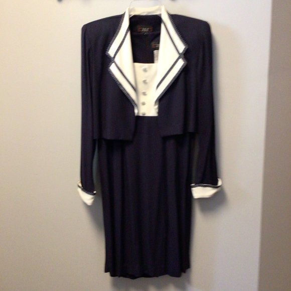 J.S.J. Petites Navy Blue sleeveless dress w/matching jacket w/white trim - Picture 1 of 11